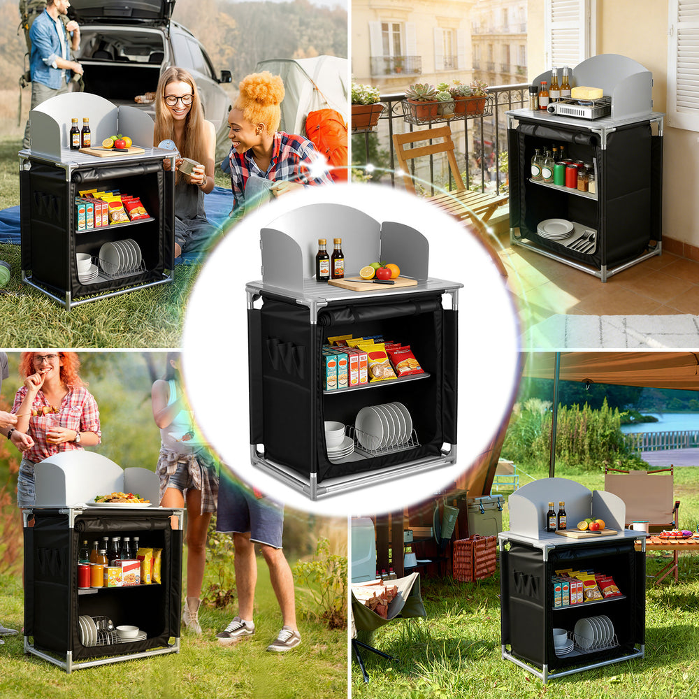 Jopassy Campingküche klappbar – faltbarer Campingschrank / Reiseküche mit Doppel-Schubladen, Windschutz, Aluminiumrahmen & Tragetasche für Camping, Balkon & Garten