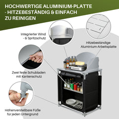 Jopassy Campingküche klappbar – faltbarer Campingschrank / Reiseküche mit Doppel-Schubladen, Windschutz, Aluminiumrahmen & Tragetasche für Camping, Balkon & Garten