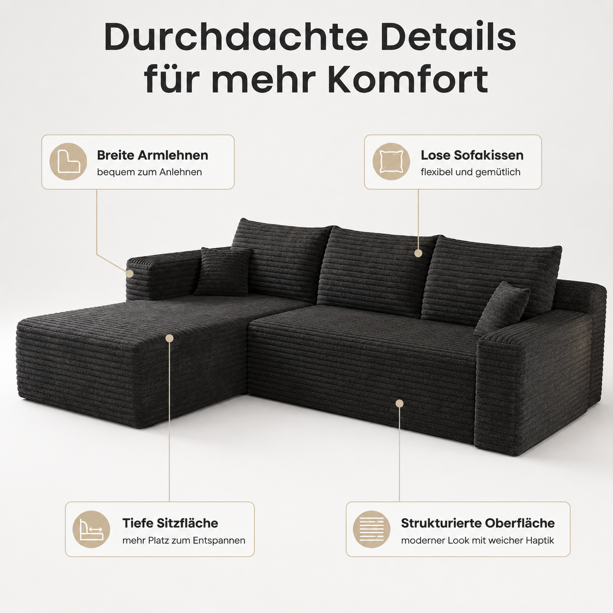 Jopassy Ecksofa mit Chaiselongue 241 x 151 x 58 cm, 2-Sitzer Sofa ohne Montage