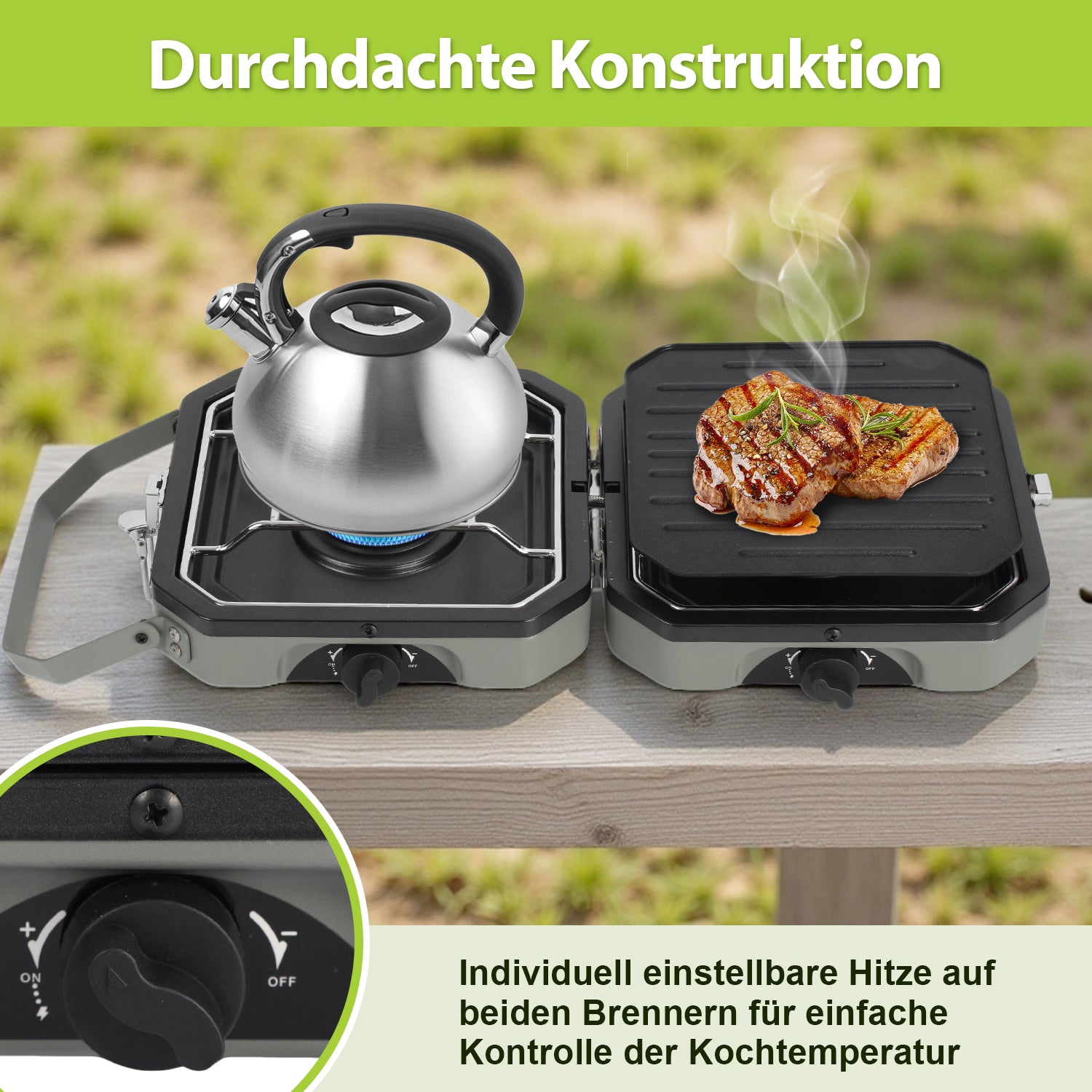 Jopassy Campingkocher 2 flammig mit Grillplatte und Gasschlauch