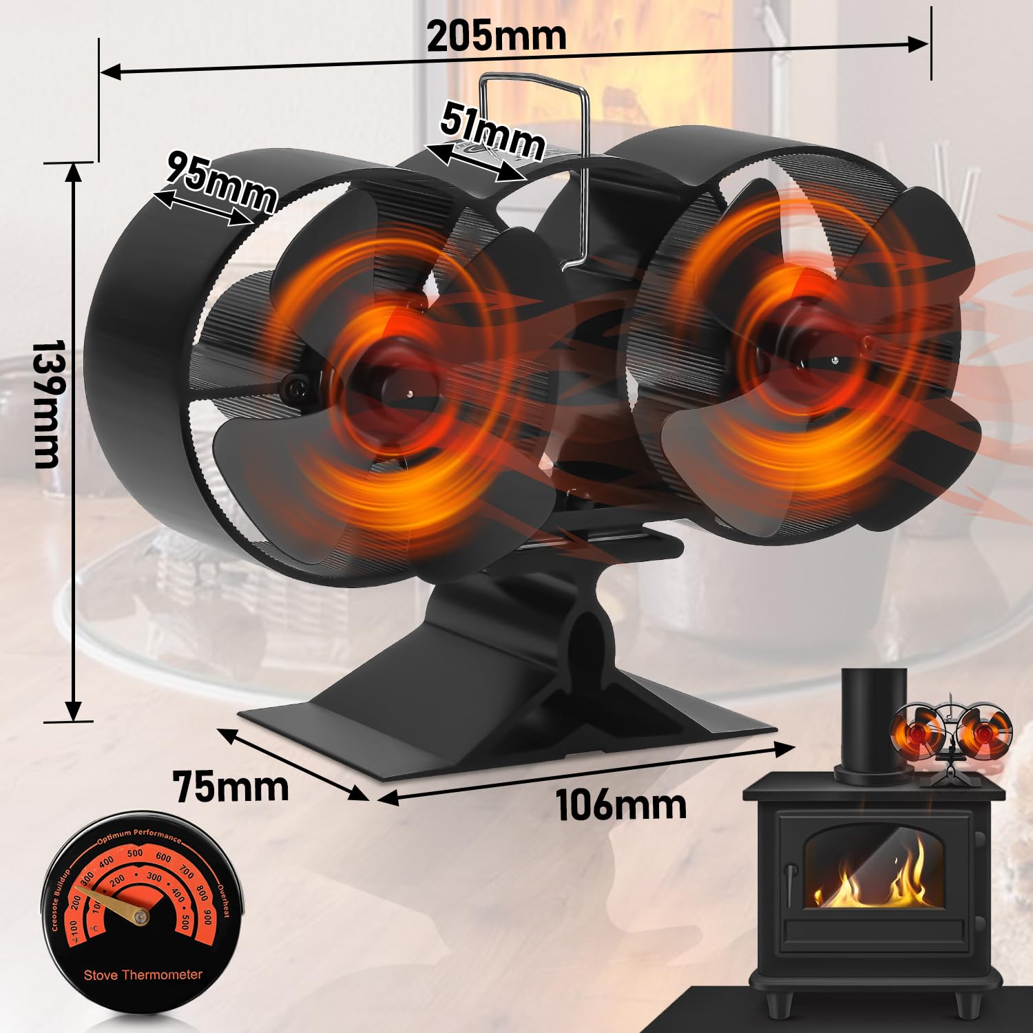 Jopassy Kaminventilator mit 8 Flügeln hitzebetrieben inkl. Magnet-Thermometer für Kaminofen