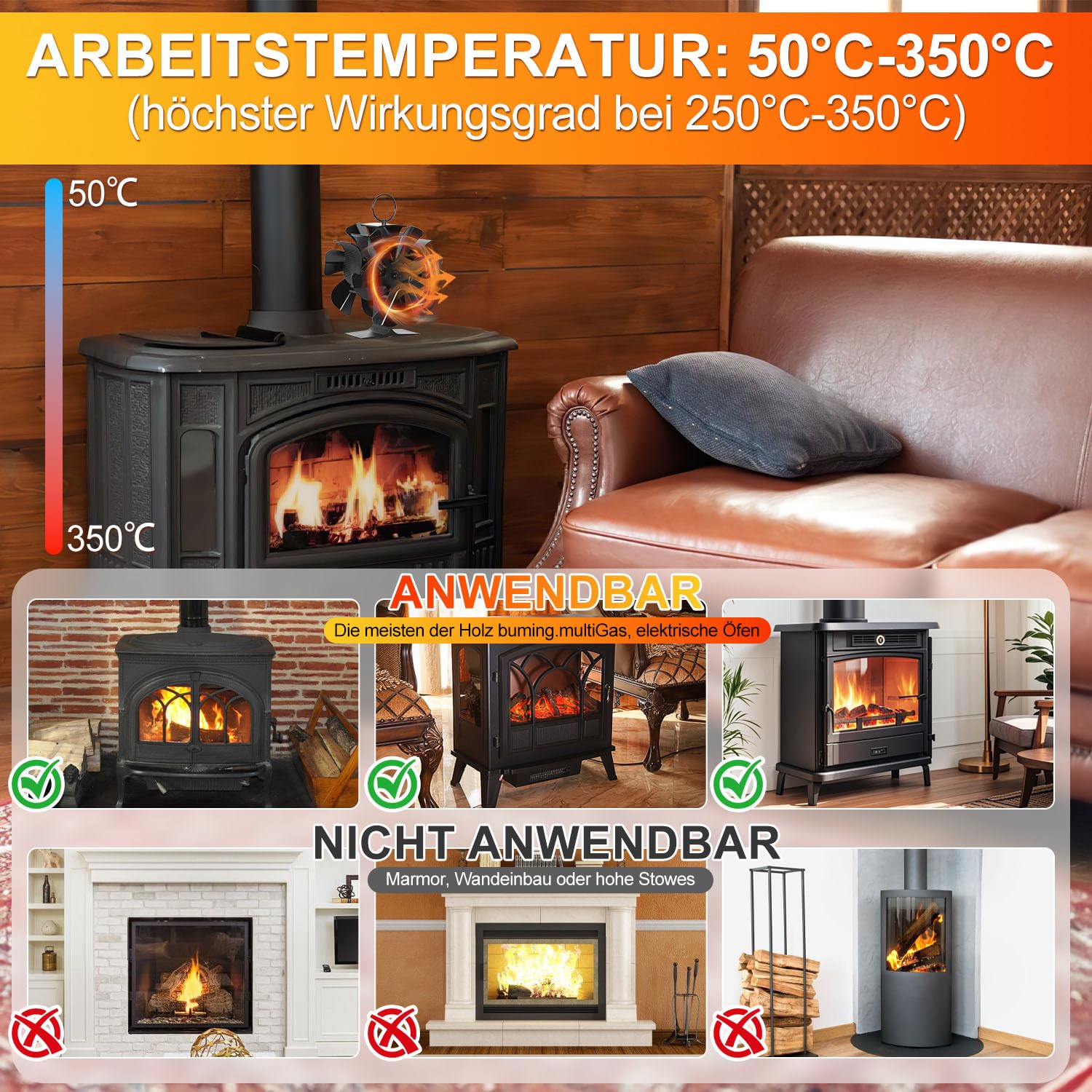 Jopassy Doppelseitiger Kaminventilator 12 Flügel ohne Strom mit Thermometer