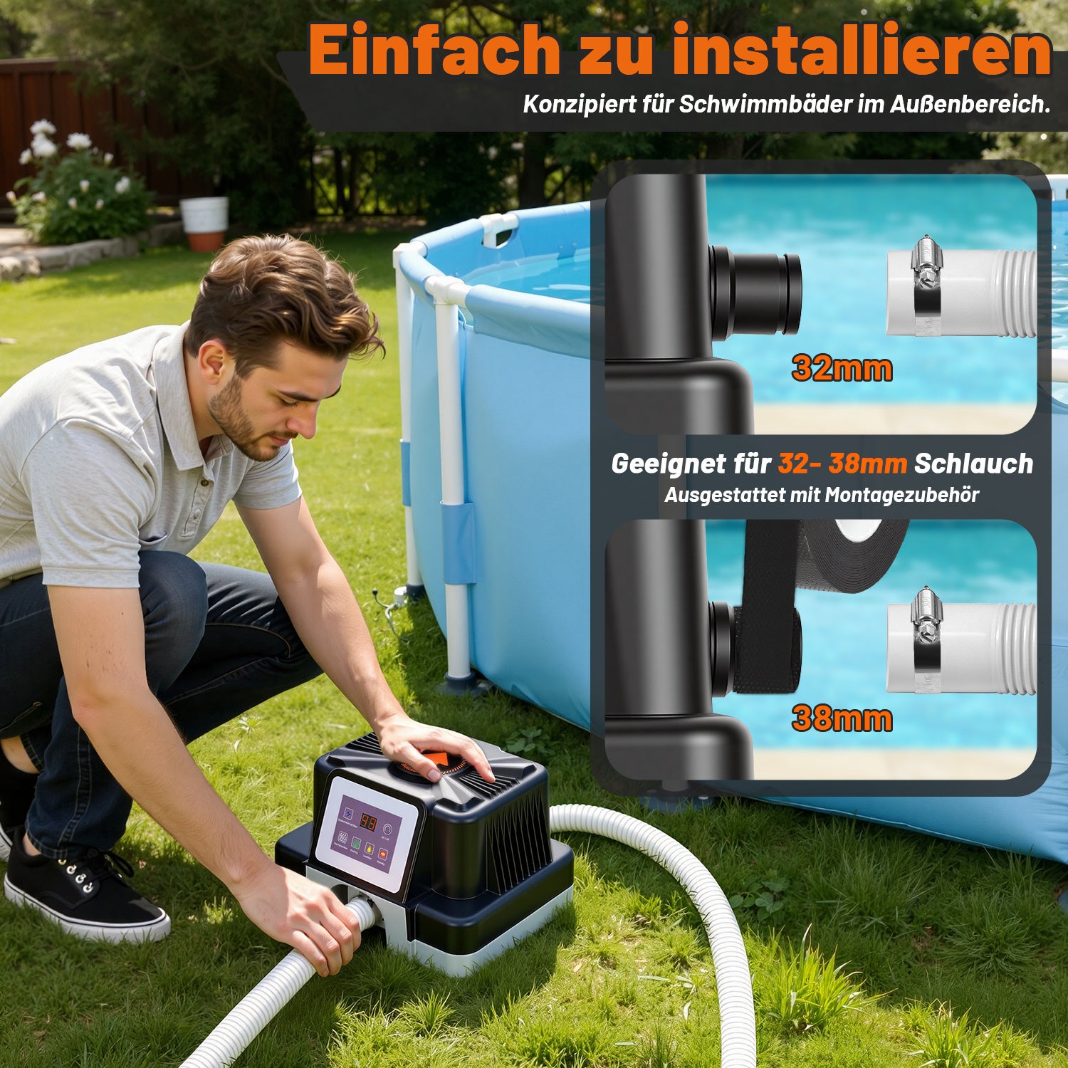 Jopassy Poolheizung elektrisch 3000W – elektrische Poolheizung mit Digitaldisplay, FI-Schutz, Kippschutz, 32-38 mm Anschluss für Pool & Aufstellbecken