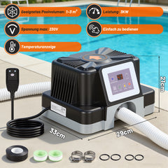 Jopassy Poolheizung elektrisch 3000W – elektrische Poolheizung mit Digitaldisplay, FI-Schutz, Kippschutz, 32-38 mm Anschluss für Pool & Aufstellbecken