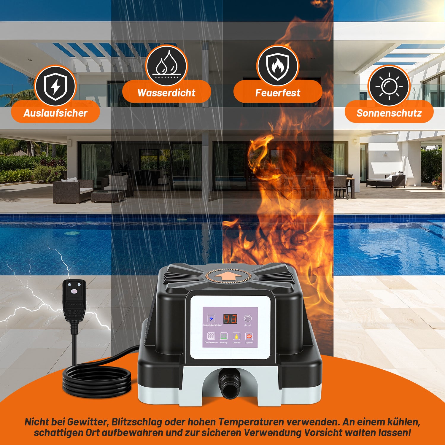 Jopassy Poolheizung elektrisch 3000W – elektrische Poolheizung mit Digitaldisplay, FI-Schutz, Kippschutz, 32-38 mm Anschluss für Pool & Aufstellbecken