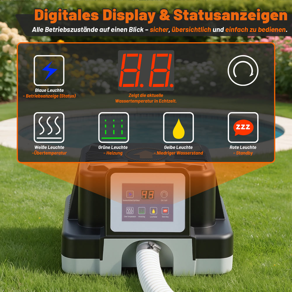 Jopassy Poolheizung elektrisch 3000W – elektrische Poolheizung mit Digitaldisplay, FI-Schutz, Kippschutz, 32-38 mm Anschluss für Pool & Aufstellbecken