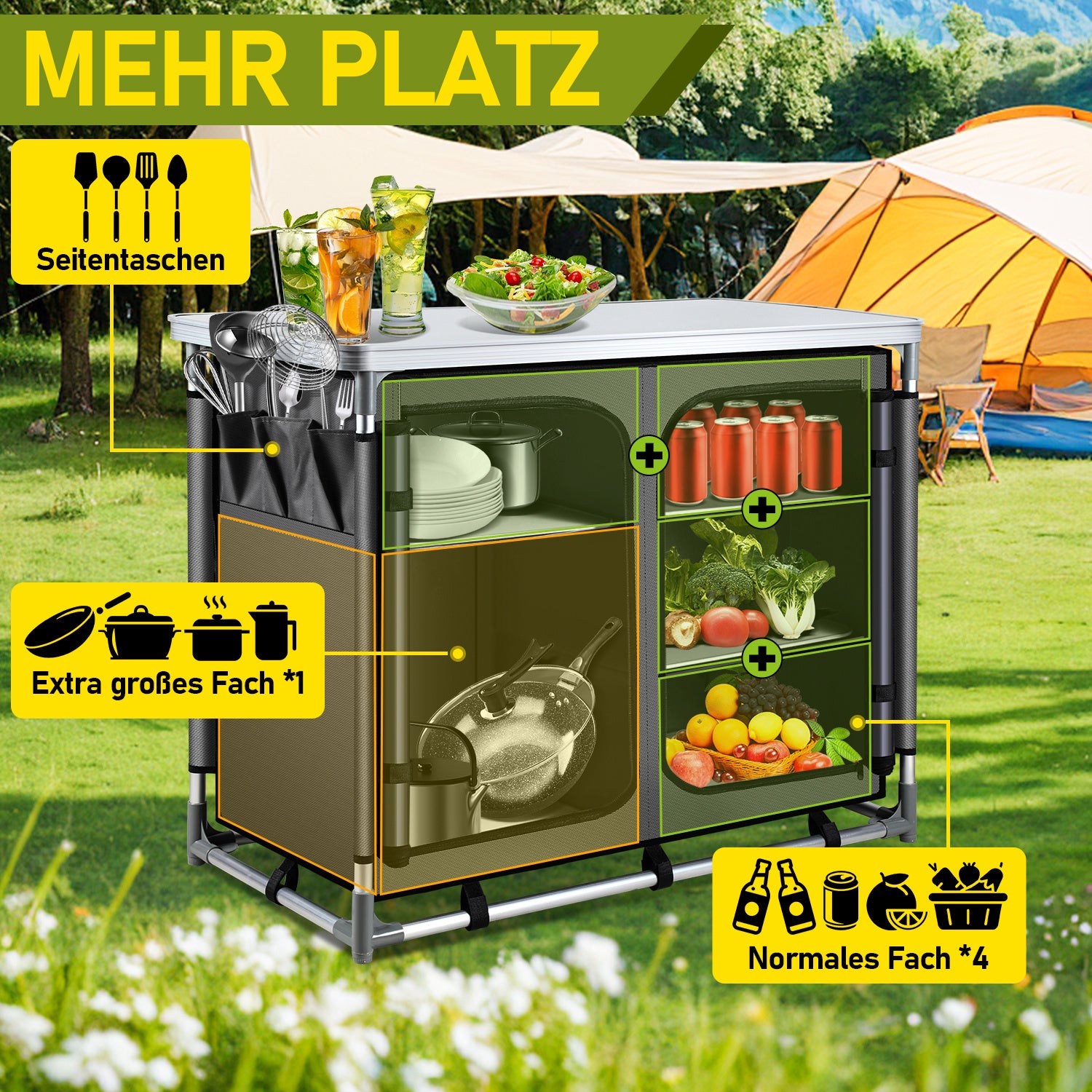 Jopassy Faltbare Campingküche mit Aluminiumrahmen – tragbarer Campingschrank / Outdoorküche mit 5 Fächern und 3 Außentaschen für Camping, Vanlife & Garten