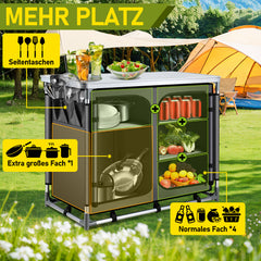 Jopassy Faltbare Campingküche mit Aluminiumrahmen – tragbarer Campingschrank / Outdoorküche mit 5 Fächern und 3 Außentaschen für Camping, Vanlife & Garten