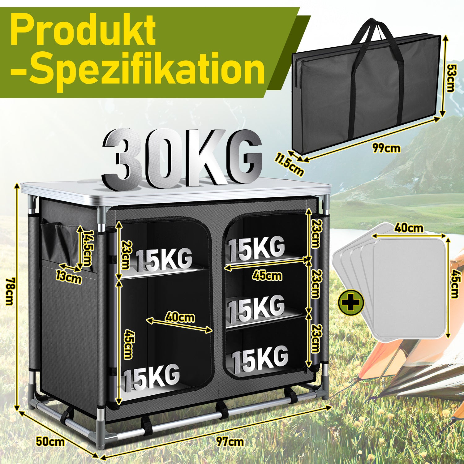 Jopassy Faltbare Campingküche mit Aluminiumrahmen – tragbarer Campingschrank / Outdoorküche mit 5 Fächern und 3 Außentaschen für Camping, Vanlife & Garten