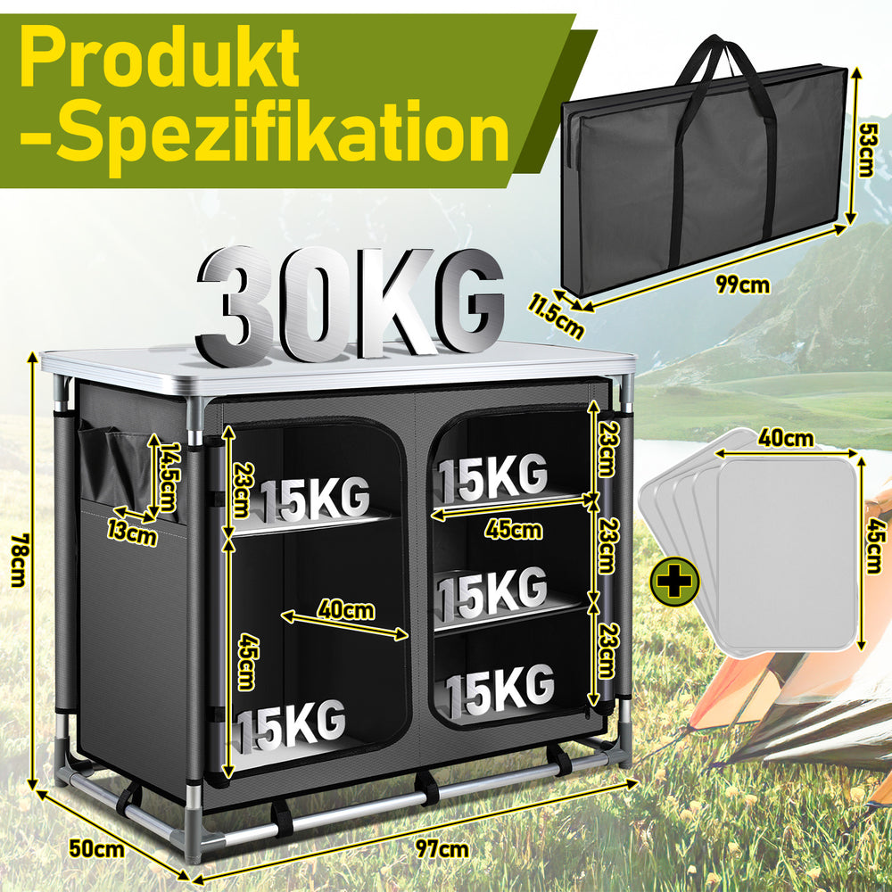 Jopassy Faltbare Campingküche mit Aluminiumrahmen – tragbarer Campingschrank / Outdoorküche mit 5 Fächern und 3 Außentaschen für Camping, Vanlife & Garten
