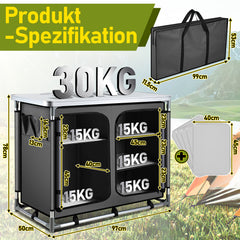 Jopassy Faltbare Campingküche mit Aluminiumrahmen – tragbarer Campingschrank / Outdoorküche mit 5 Fächern und 3 Außentaschen für Camping, Vanlife & Garten