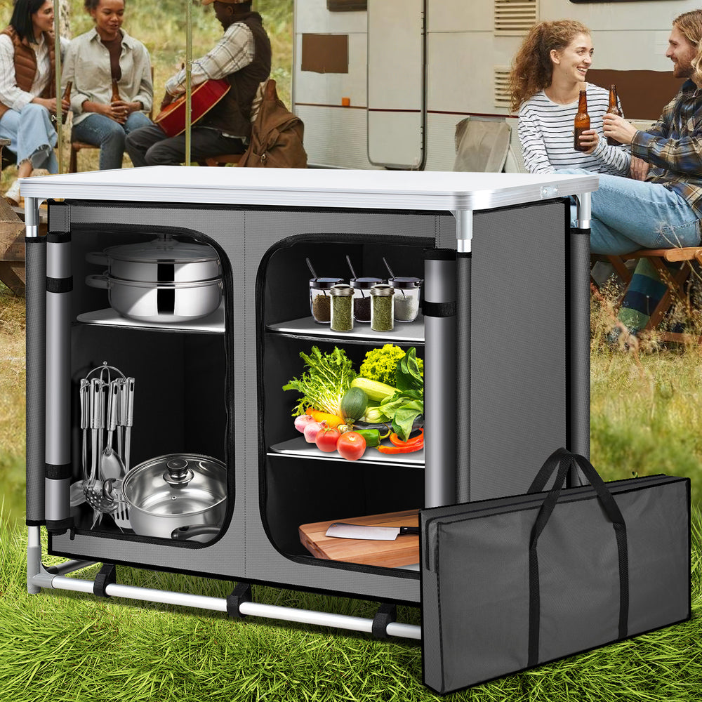 Jopassy Faltbare Campingküche mit Aluminiumrahmen – tragbarer Campingschrank / Outdoorküche mit 5 Fächern und 3 Außentaschen für Camping, Vanlife & Garten