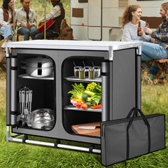 Jopassy Faltbare Campingküche mit Aluminiumrahmen – tragbarer Campingschrank / Outdoorküche mit 5 Fächern und 3 Außentaschen für Camping, Vanlife & Garten