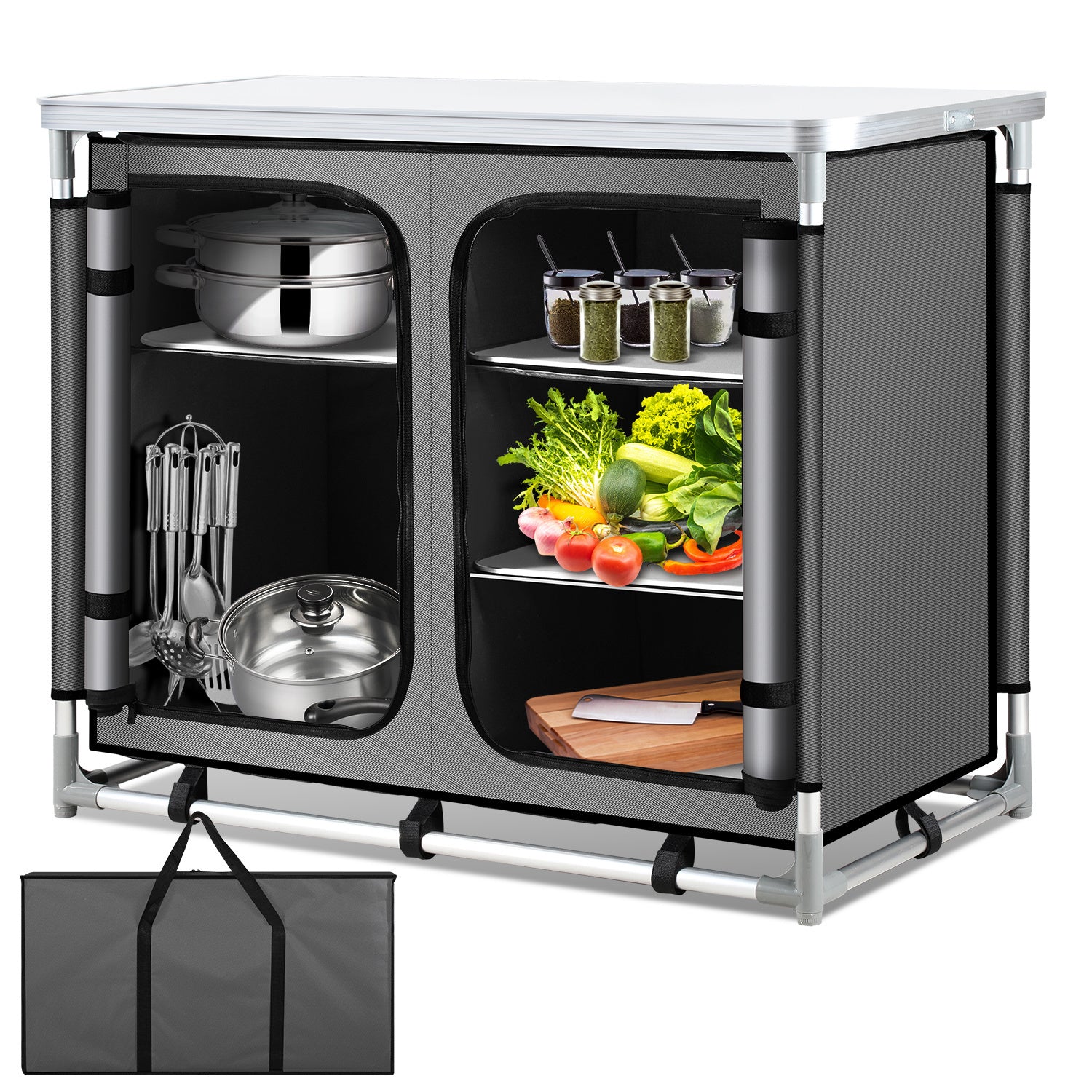 Jopassy Faltbare Campingküche mit Aluminiumrahmen – tragbarer Campingschrank / Outdoorküche mit 5 Fächern und 3 Außentaschen für Camping, Vanlife & Garten