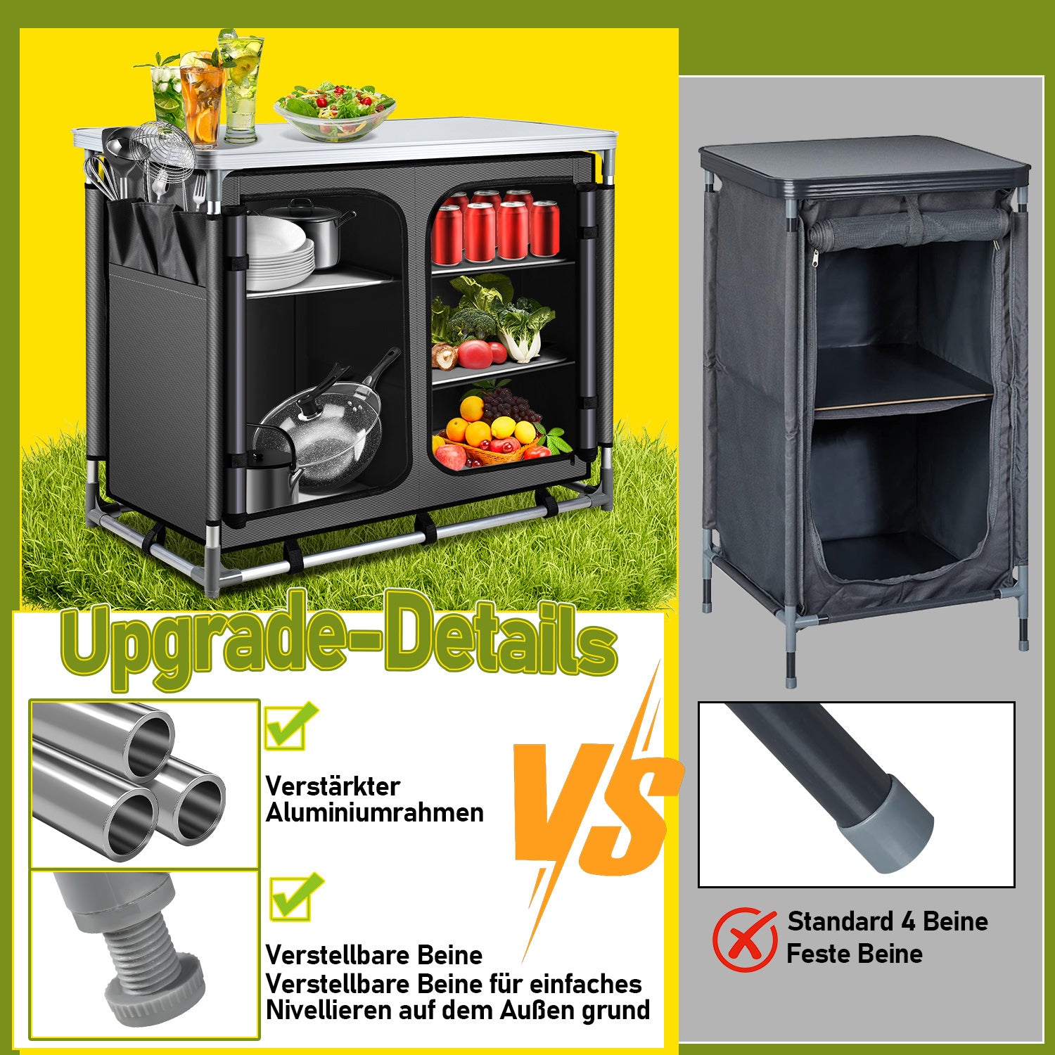 Jopassy Faltbare Campingküche mit Aluminiumrahmen – tragbarer Campingschrank / Outdoorküche mit 5 Fächern und 3 Außentaschen für Camping, Vanlife & Garten