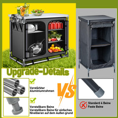 Jopassy Faltbare Campingküche mit Aluminiumrahmen – tragbarer Campingschrank / Outdoorküche mit 5 Fächern und 3 Außentaschen für Camping, Vanlife & Garten