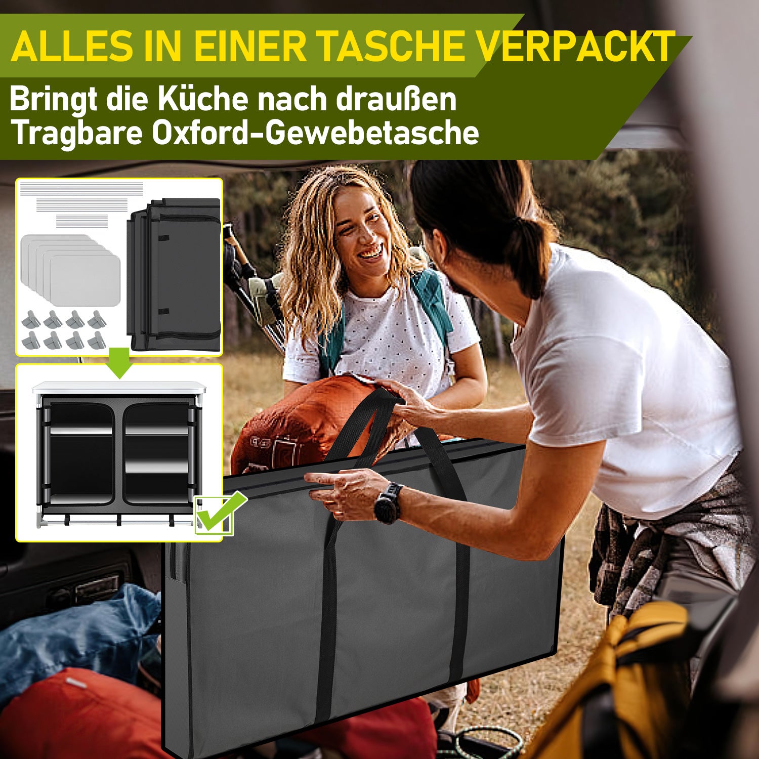 Jopassy Faltbare Campingküche mit Aluminiumrahmen – tragbarer Campingschrank / Outdoorküche mit 5 Fächern und 3 Außentaschen für Camping, Vanlife & Garten