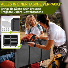 Jopassy Faltbare Campingküche mit Aluminiumrahmen – tragbarer Campingschrank / Outdoorküche mit 5 Fächern und 3 Außentaschen für Camping, Vanlife & Garten