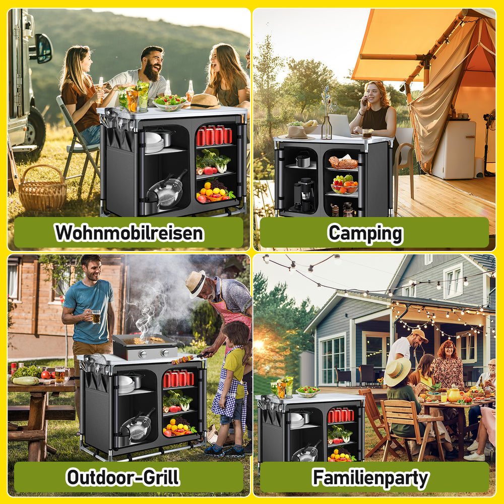 Jopassy Faltbare Campingküche mit Aluminiumrahmen – tragbarer Campingschrank / Outdoorküche mit 5 Fächern und 3 Außentaschen für Camping, Vanlife & Garten