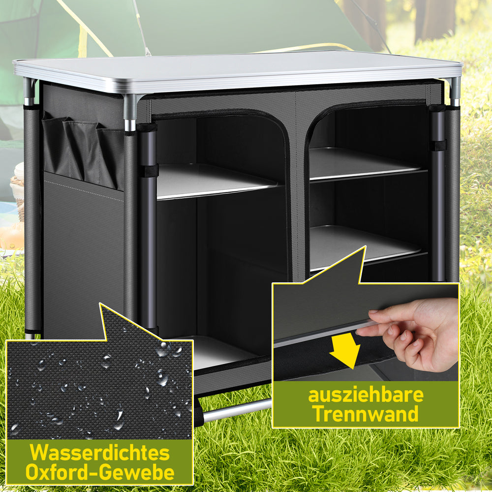 Jopassy Faltbare Campingküche mit Aluminiumrahmen – tragbarer Campingschrank / Outdoorküche mit 5 Fächern und 3 Außentaschen für Camping, Vanlife & Garten