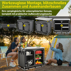 Jopassy Faltbare Campingküche mit Aluminiumrahmen – tragbarer Campingschrank / Outdoorküche mit 5 Fächern und 3 Außentaschen für Camping, Vanlife & Garten