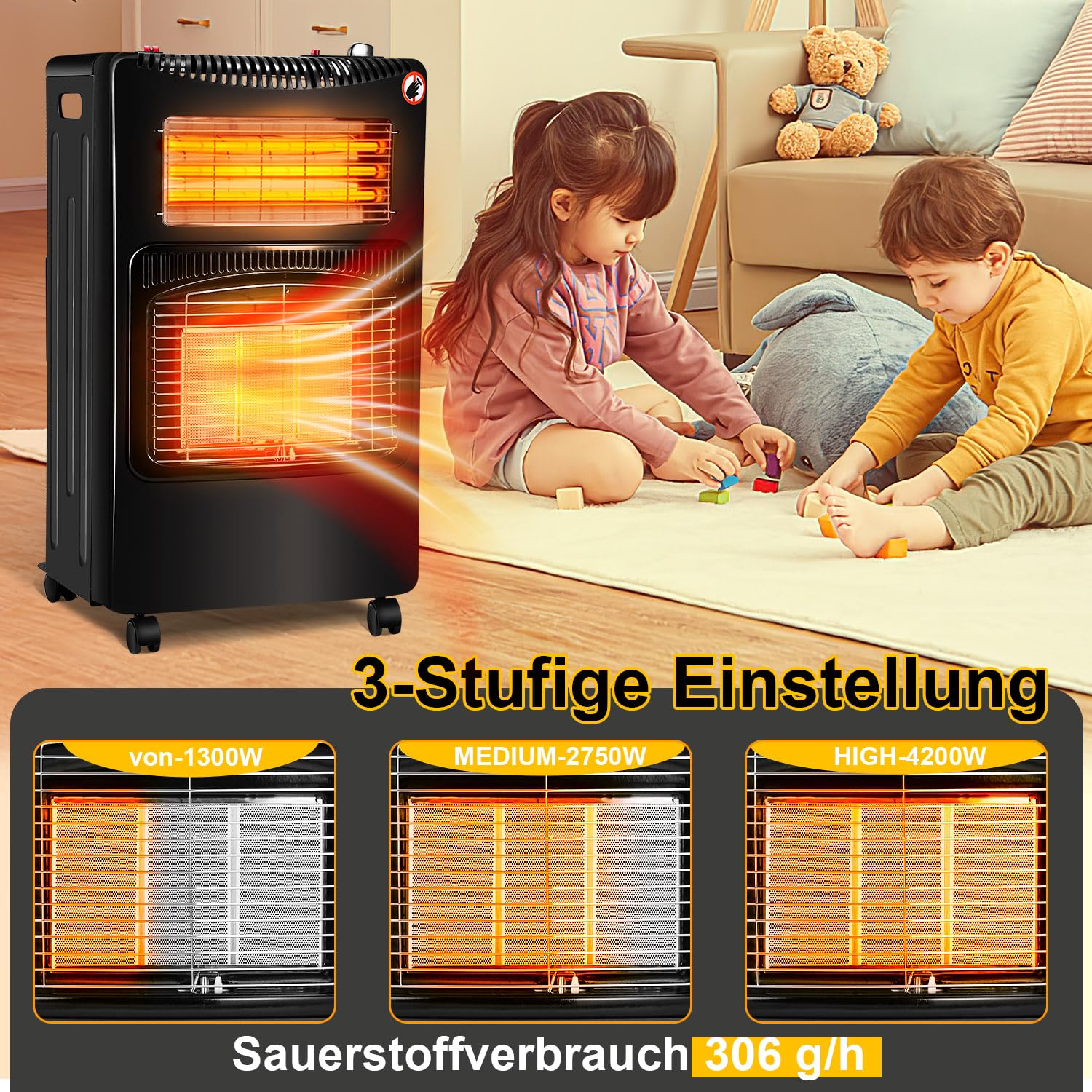 Jopassy Gasheizer 4200W mit 1260W Elektroheizung 3 Heizstufen für Propan und Butan