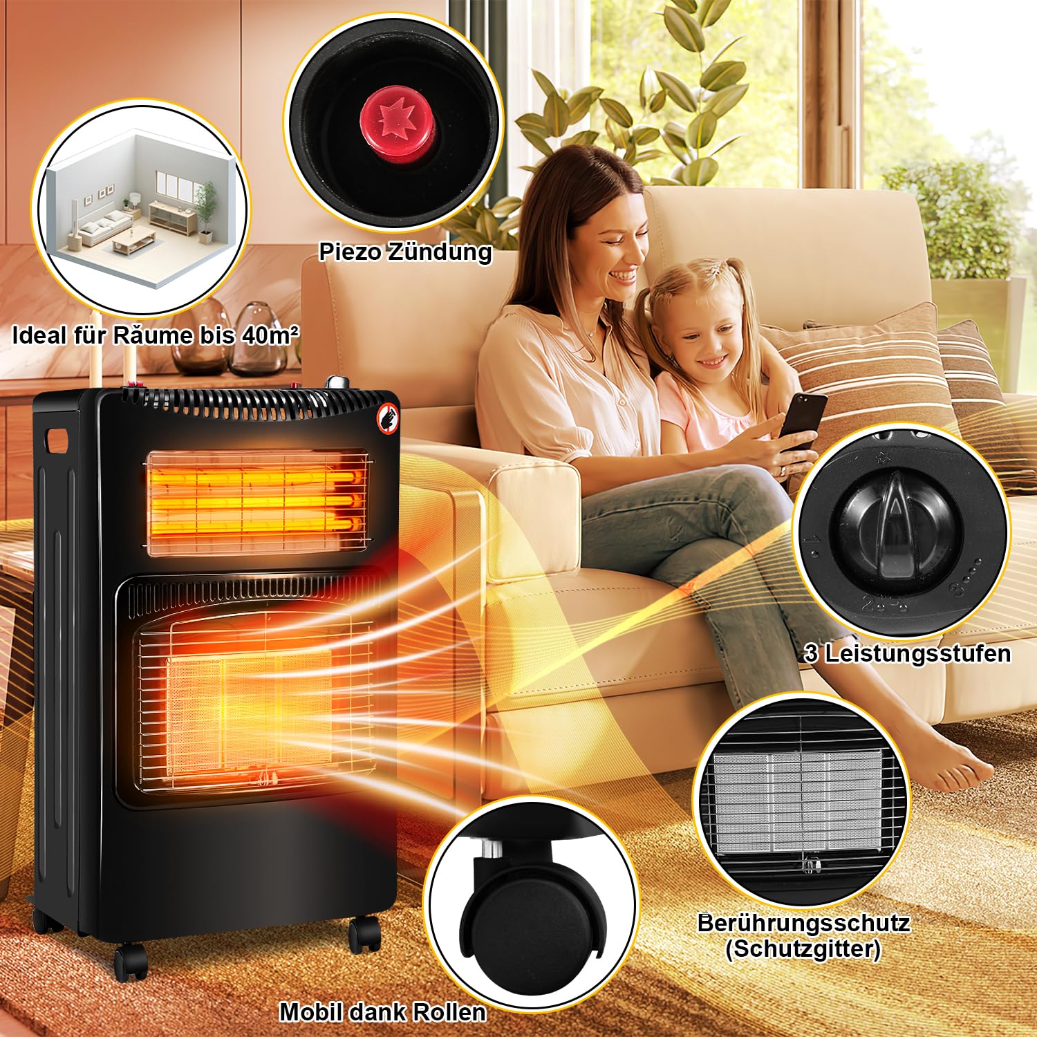 Jopassy Gasheizer 4200W mit 1260W Elektroheizung 3 Heizstufen für Propan und Butan