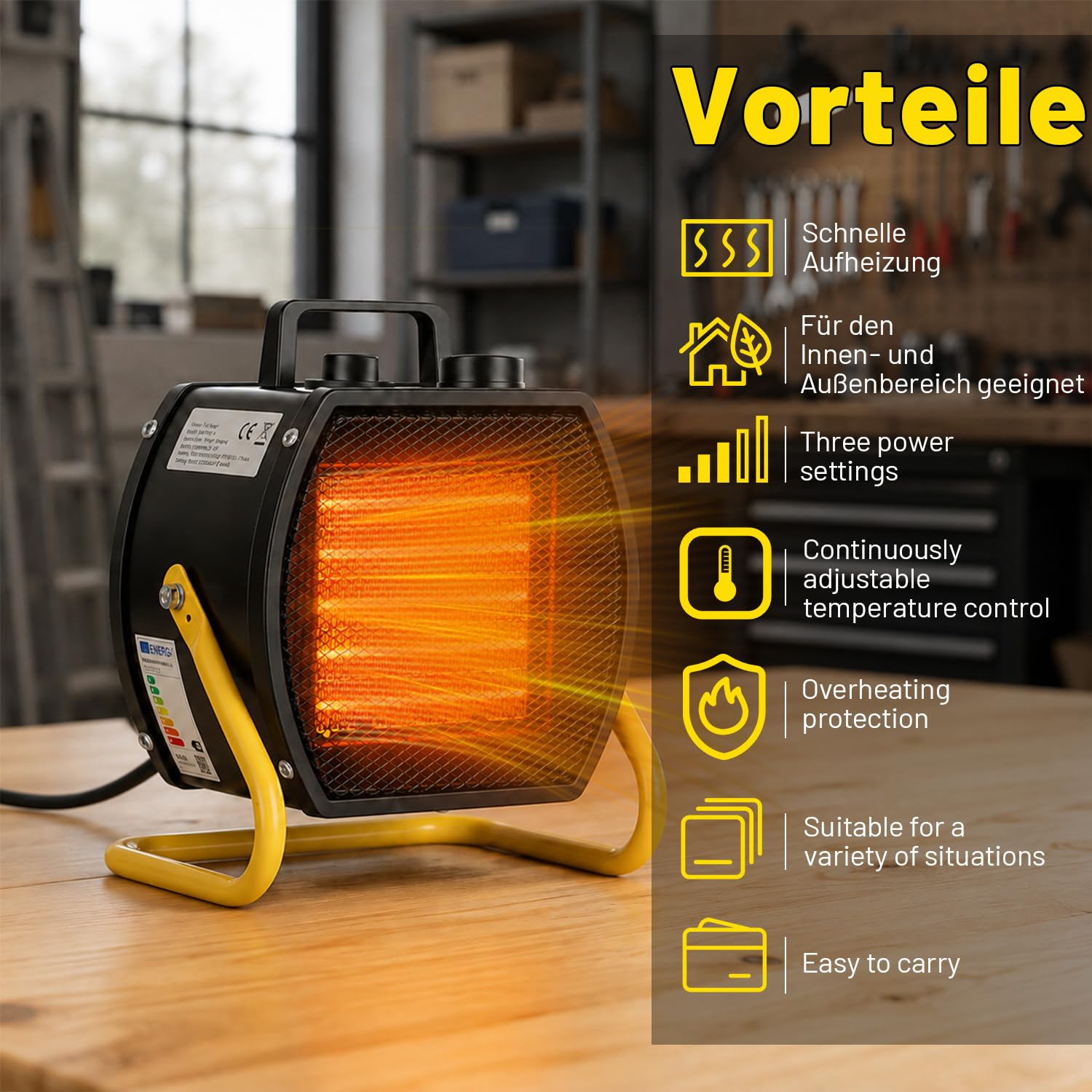 Jopassy Heizlüfter 2000/3000W PTC mit Thermostat für Werkstatt und Garage