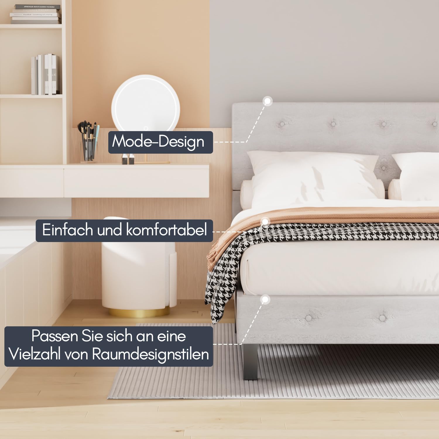 Jopassy Polsterbett 120/140×200 cm in Hellgrau mit Kopfteil und Lattenrost