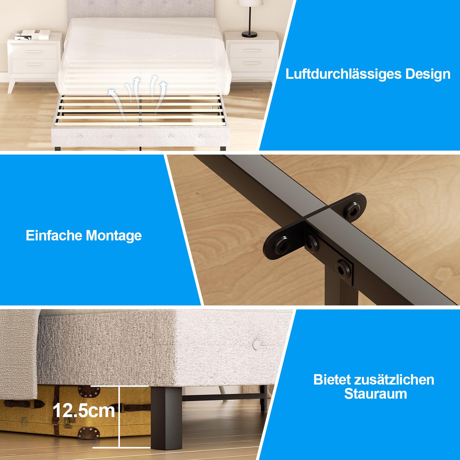 Jopassy Polsterbett 120/140×200 cm in Hellgrau mit Kopfteil und Lattenrost