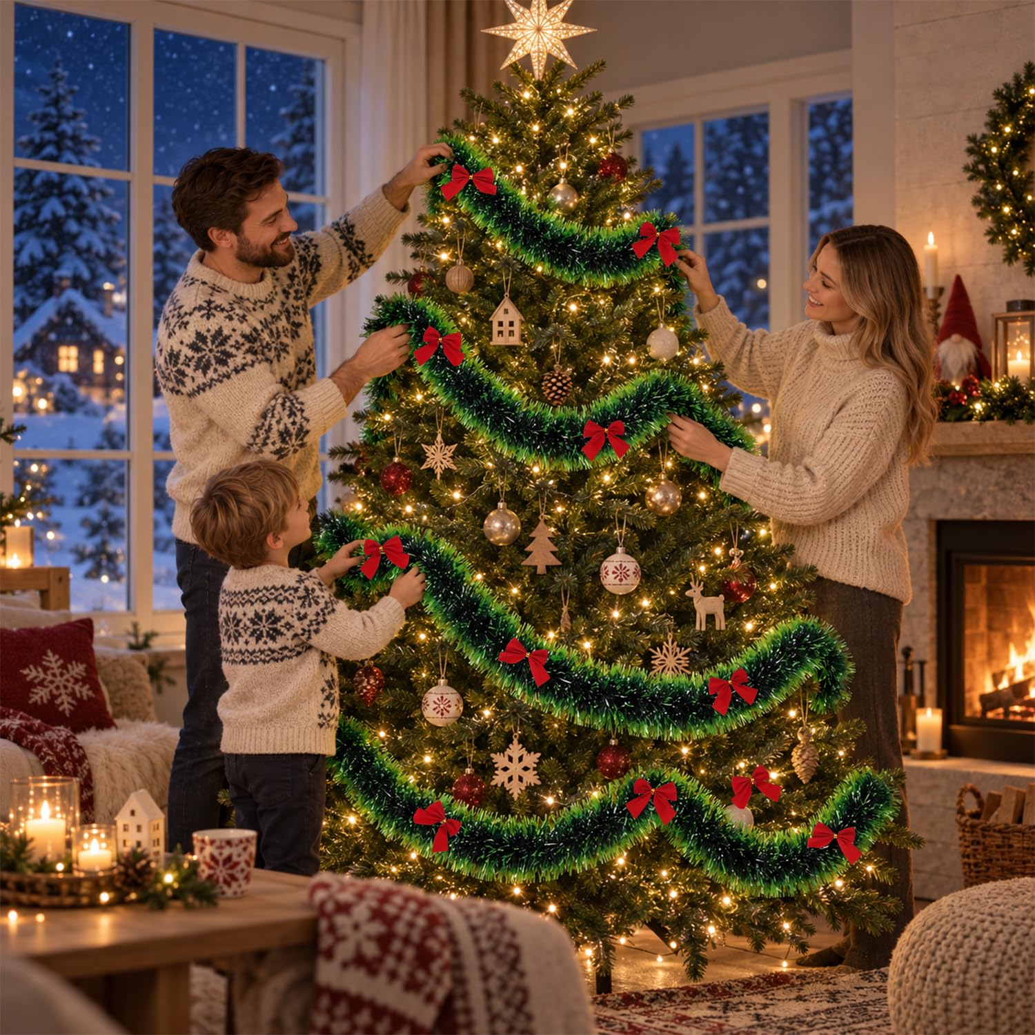 Jopassy Weihnachtsgirlande 10/12/15 m mit Deko-Schleifen für Innen und Außen