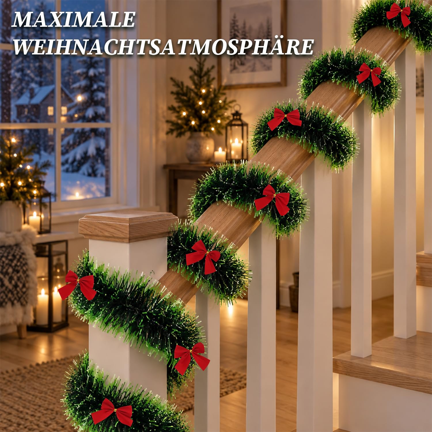 Jopassy Weihnachtsgirlande 10/12/15 m mit Deko-Schleifen für Innen und Außen