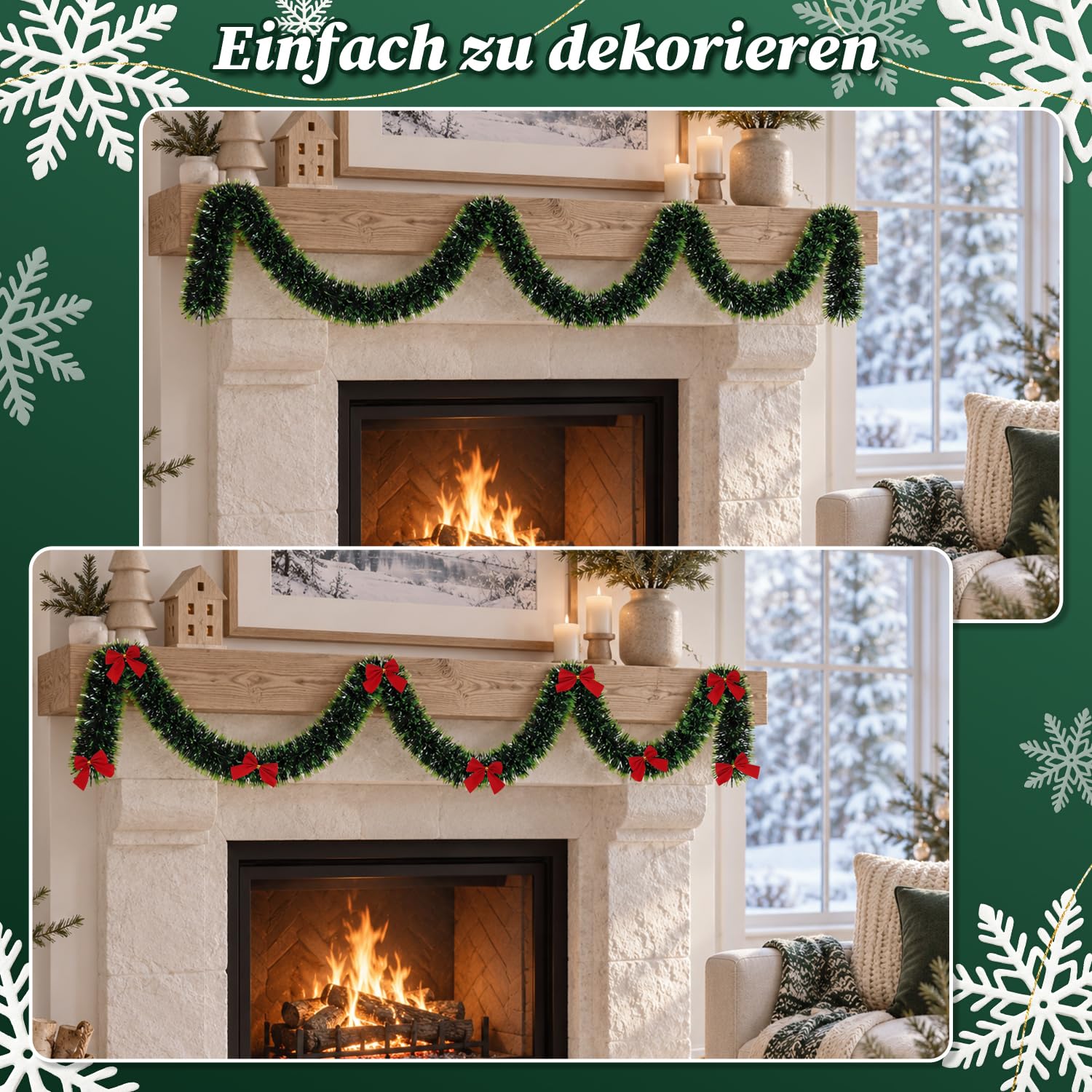 Jopassy Weihnachtsgirlande 10/12/15 m mit Deko-Schleifen für Innen und Außen