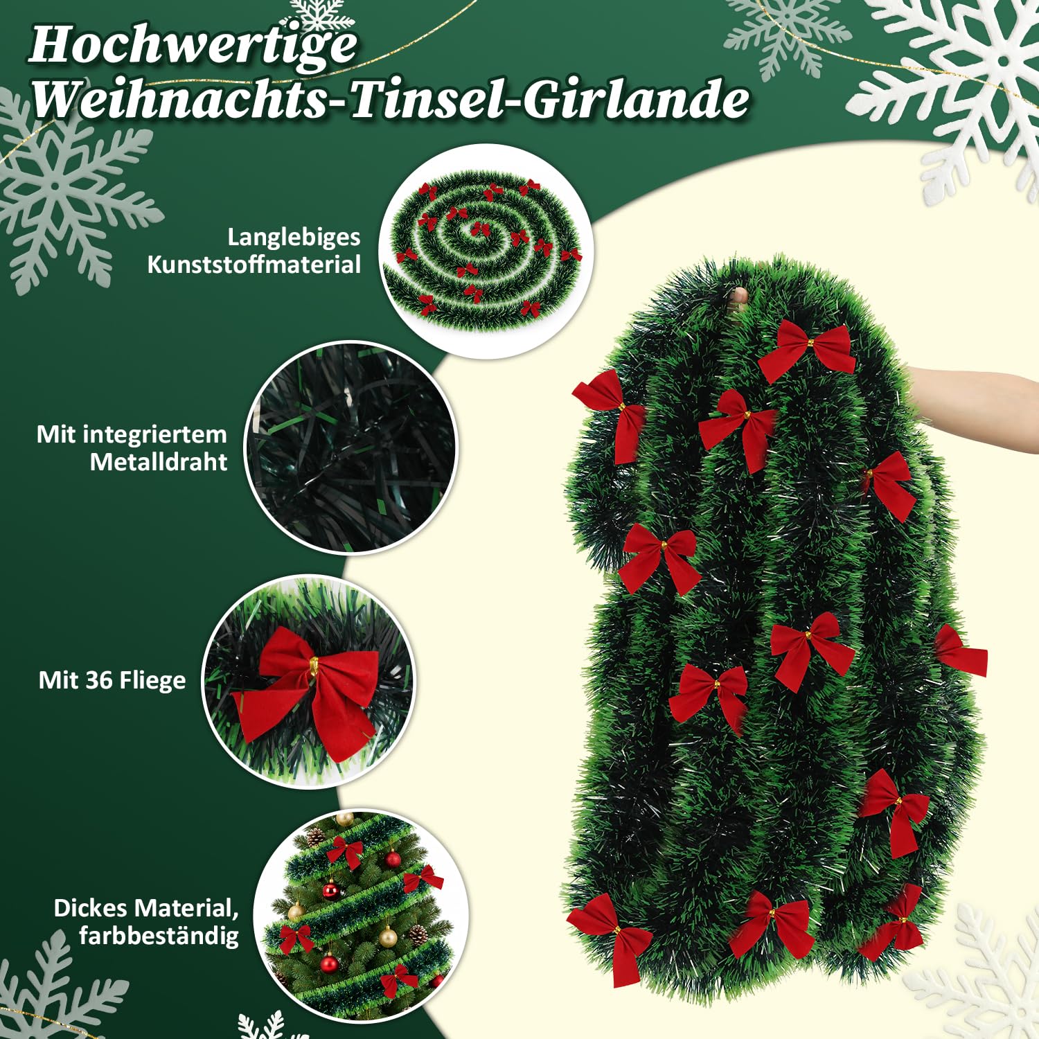 Jopassy Weihnachtsgirlande 10/12/15 m mit Deko-Schleifen für Innen und Außen
