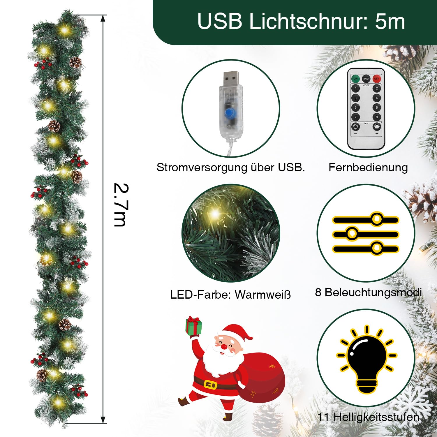 Jopassy Weihnachtsgirlande 2,7 m mit LED Beleuchtung und Fernbedienung