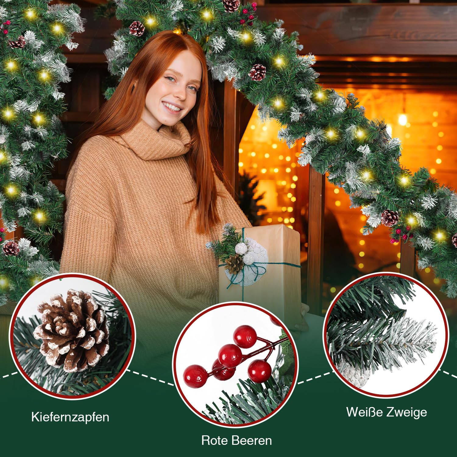 Jopassy Weihnachtsgirlande 2,7 m mit LED Beleuchtung und Fernbedienung