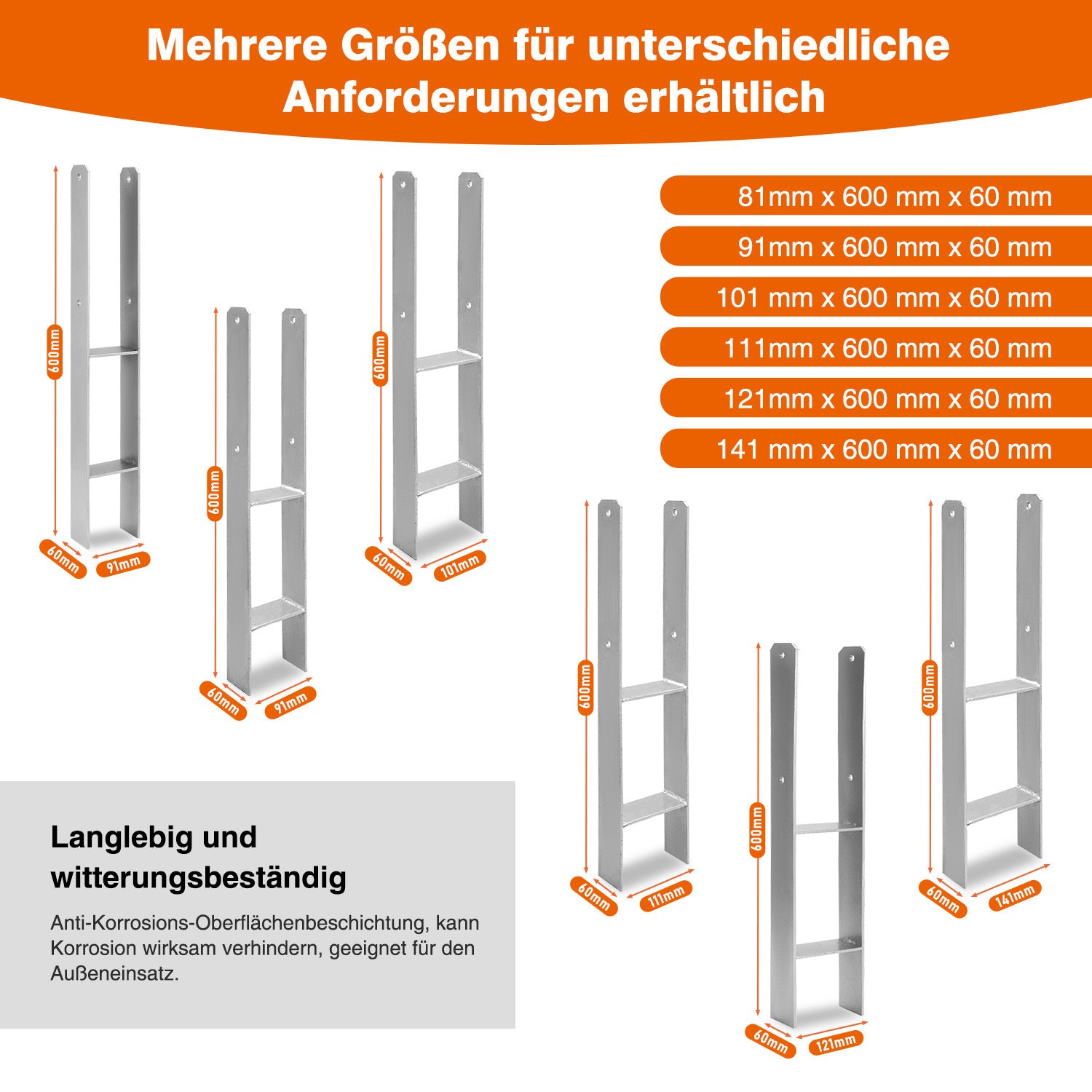 Jopassy H-Pfostenträger, H-Anker Pfostenanker, Stahl korrosionsgeschützt Gabelweite 81-141 mm