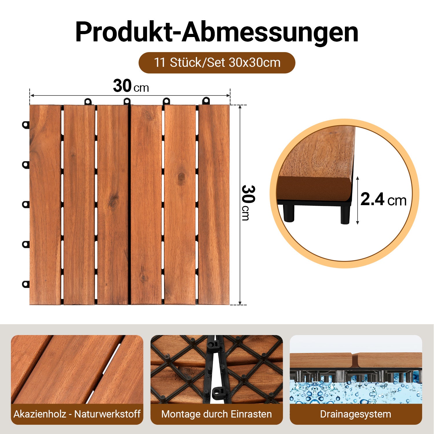 Jopassy Holzfliesen aus Akazienholz 30 × 30 cm, rutschfeste Klickfliesen für Balkon, Terrasse & Garten, 11 Stück = 1 m², Terrassenfliesen mit Kunststoff-Unterbau