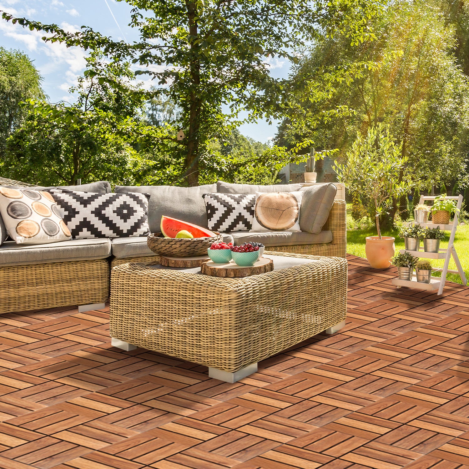 Jopassy Holzfliesen aus Akazienholz 30 × 30 cm, rutschfeste Klickfliesen für Balkon, Terrasse & Garten, 11 Stück = 1 m², Terrassenfliesen mit Kunststoff-Unterbau