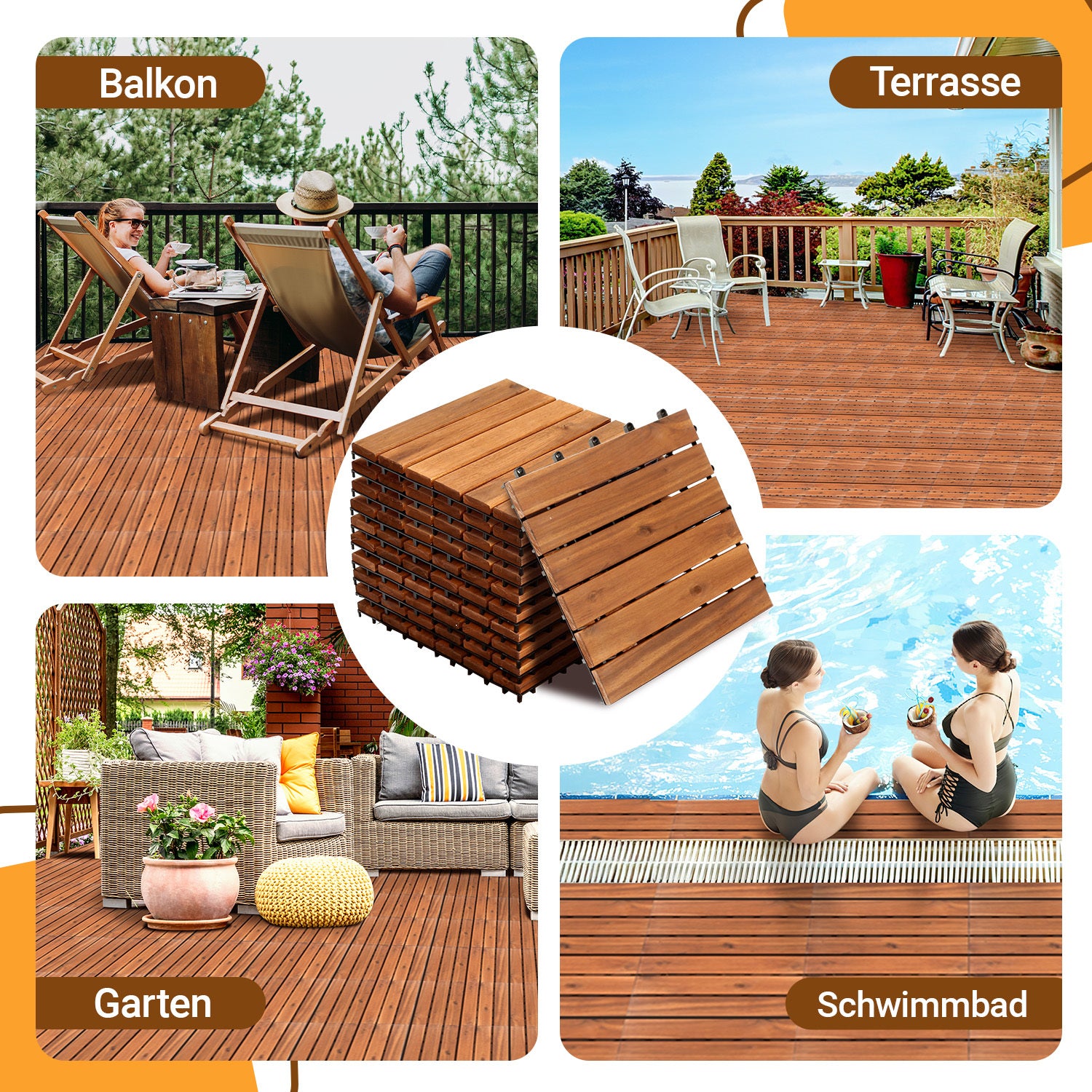 Jopassy Holzfliesen aus Akazienholz 30 × 30 cm, rutschfeste Klickfliesen für Balkon, Terrasse & Garten, 11 Stück = 1 m², Terrassenfliesen mit Kunststoff-Unterbau
