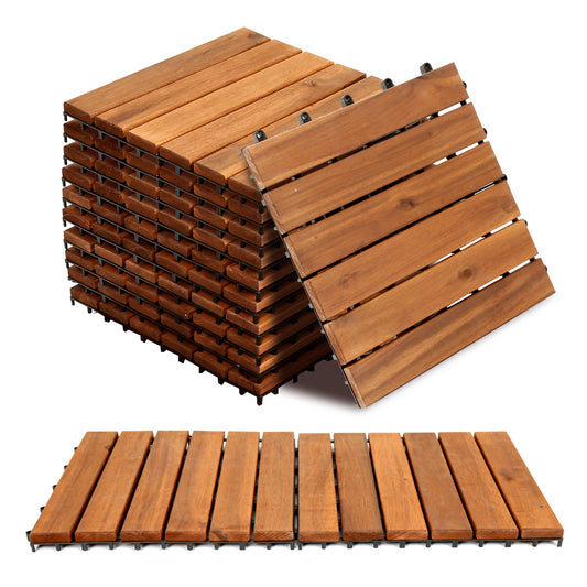 Jopassy Holzfliesen aus Akazienholz 30 × 30 cm, rutschfeste Klickfliesen für Balkon, Terrasse & Garten, 11 Stück = 1 m², Terrassenfliesen mit Kunststoff-Unterbau