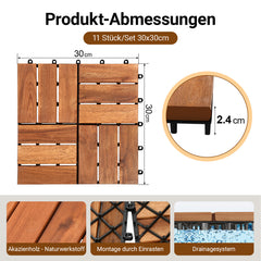 Jopassy Holzfliesen aus Akazienholz 30 × 30 cm, rutschfeste Klickfliesen für Balkon, Terrasse & Garten, 11 Stück = 1 m², Terrassenfliesen mit Kunststoff-Unterbau