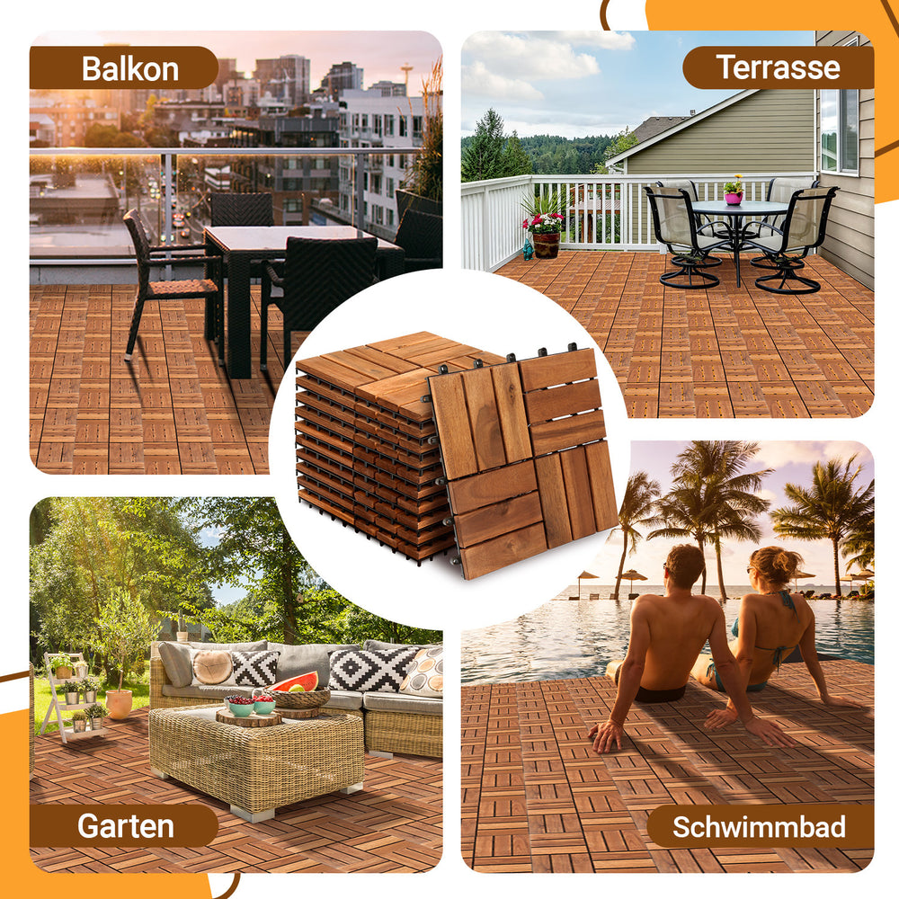 Jopassy Holzfliesen aus Akazienholz 30 × 30 cm, rutschfeste Klickfliesen für Balkon, Terrasse & Garten, 11 Stück = 1 m², Terrassenfliesen mit Kunststoff-Unterbau
