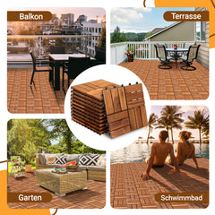 Jopassy Holzfliesen aus Akazienholz 30 × 30 cm, rutschfeste Klickfliesen für Balkon, Terrasse & Garten, 11 Stück = 1 m², Terrassenfliesen mit Kunststoff-Unterbau