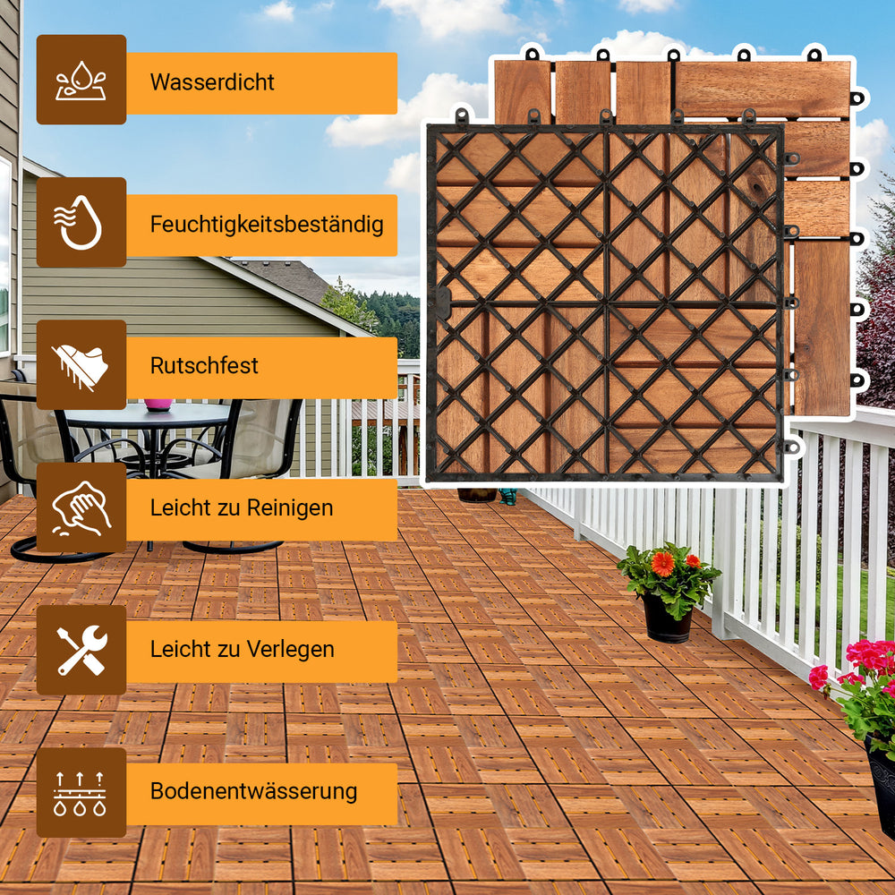 Jopassy Holzfliesen aus Akazienholz 30 × 30 cm, rutschfeste Klickfliesen für Balkon, Terrasse & Garten, 11 Stück = 1 m², Terrassenfliesen mit Kunststoff-Unterbau