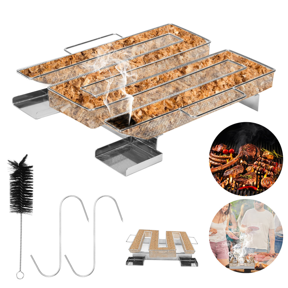 Jopassy Kaltraucherzeuger aus Edelstahl – Sparbrand Räucherspirale für Räucherofen, Smoker & Kugelgrill, inkl. Reinigungsbürste + 2 Räucherhaken, 22,5 x 17,5 x 4,5 cm