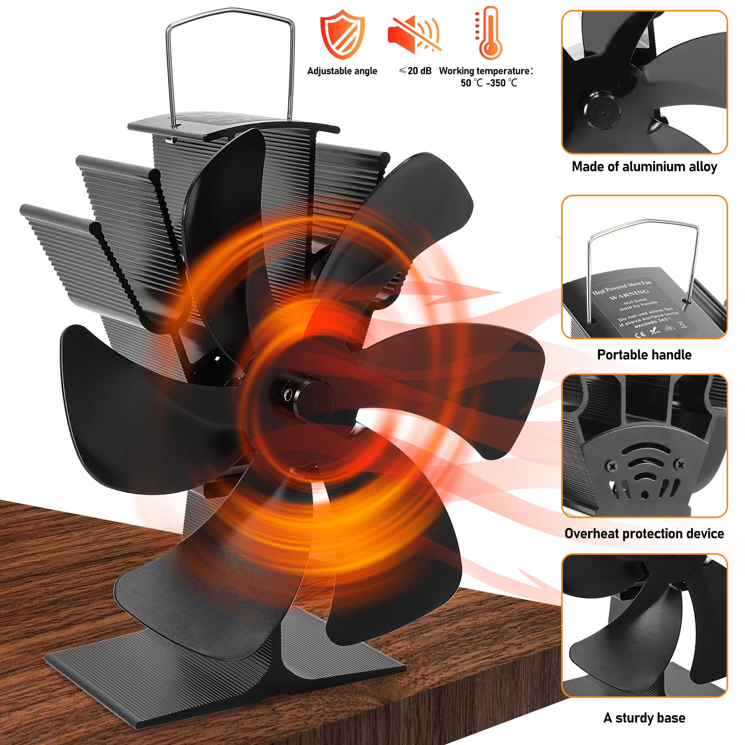 Jopassy Kaminventilator 6 Blatt wärmebetrieben mit Thermometer für Holzofen und Kamin