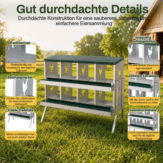 Jopassy Legenest für Hühner 6/8/10 Fächer Abrollnest mit Eiersammelfach