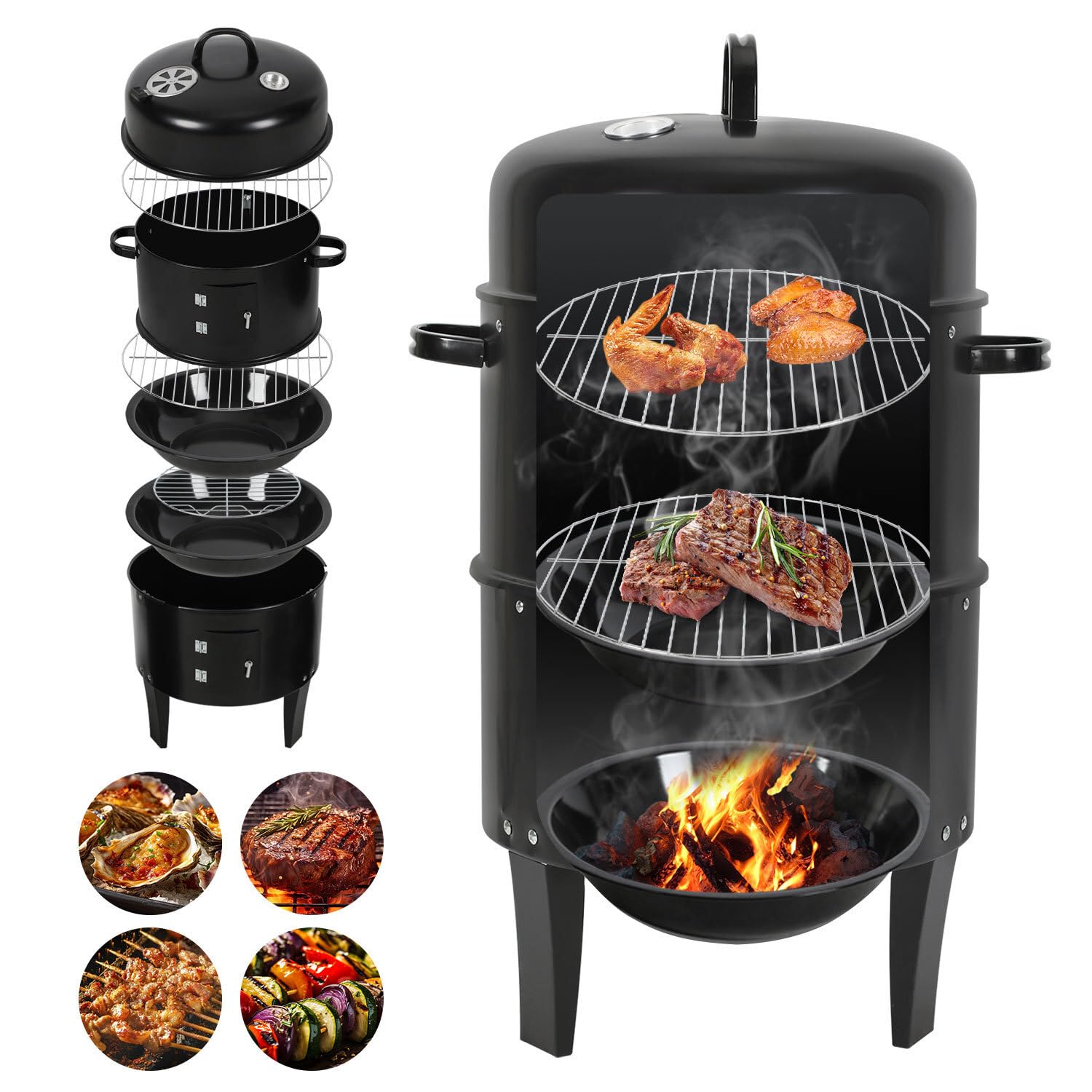 Jopassy 3 in 1 Smoker Räucherofen Ø40x80 cm Holzkohle Grill mit Thermometer