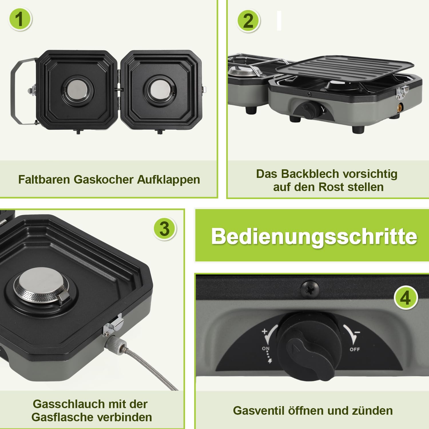 Jopassy Campingkocher 2 flammig mit Grillplatte und Gasschlauch